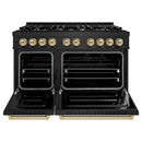 ZLINE 4-Piece Appliance Package - 48-Inch Gas Range, Hood, Refrigerator, and Dishwasher in Black Stainless Steel with Champagne Bronze Accents