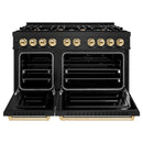 ZLINE 4-Piece Appliance Package - 48-Inch Gas Range, Hood, Refrigerator, and Dishwasher in Black Stainless Steel with Gold Accents