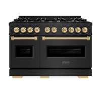 ZLINE Autograph Edition 48-Inch Gas Range with 8 Gas Burner Cooktop, and 6.7 Cu. Ft. Convection Oven in Black Stainless Steel with Gold Accent (CGRBZ-48-G)