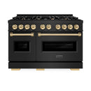 ZLINE 4-Piece Appliance Package - 48-Inch Gas Range, Hood, Refrigerator, and Dishwasher in Black Stainless Steel with Gold Accents