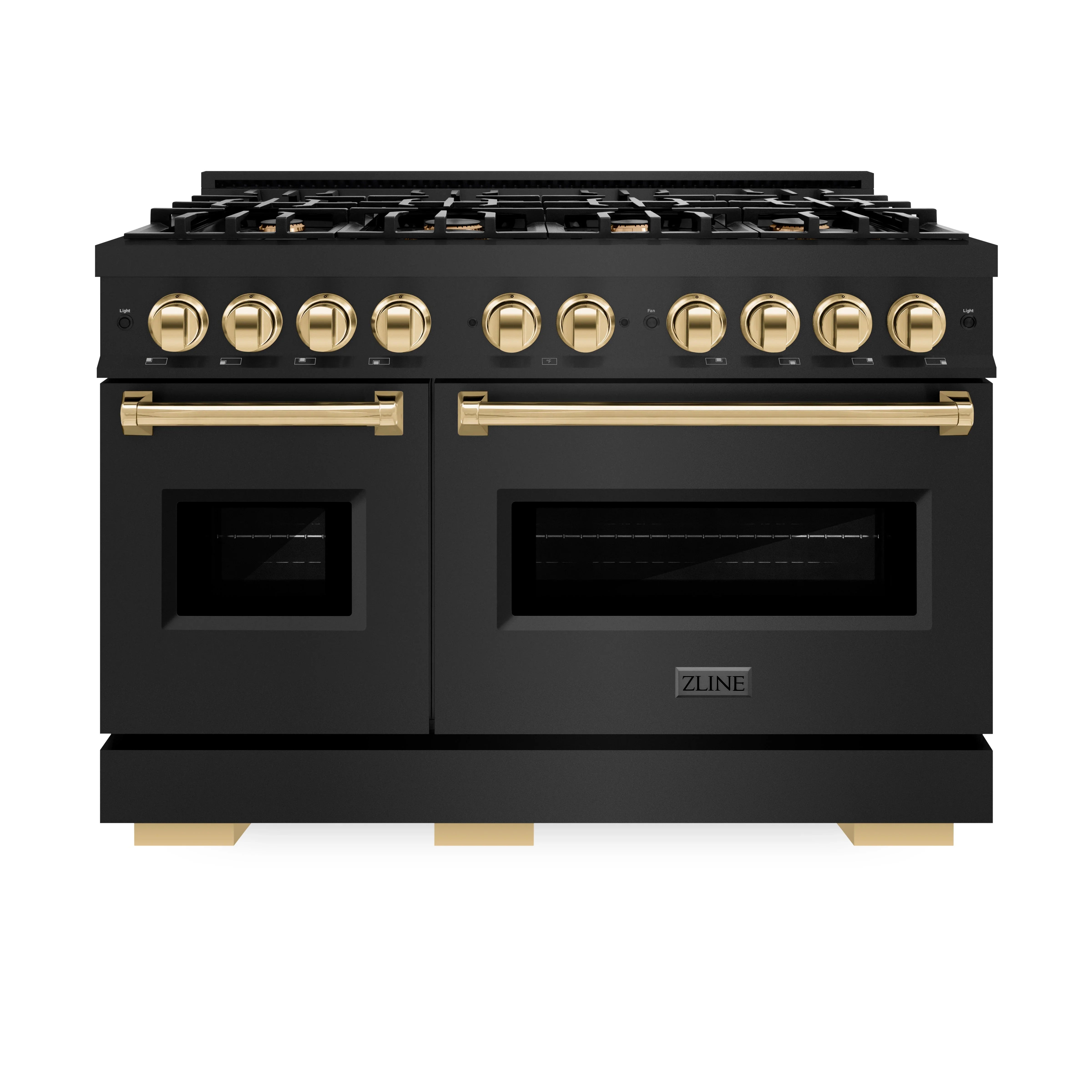 Black gas range with gold-accent knobs and double oven doors