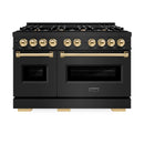 ZLINE 5-Piece Appliance Package - 48-Inch Gas Range, Hood, Refrigerator with Water Dispenser, Dishwasher, and Microwave Drawer in Black Stainless Steel with Gold Accents