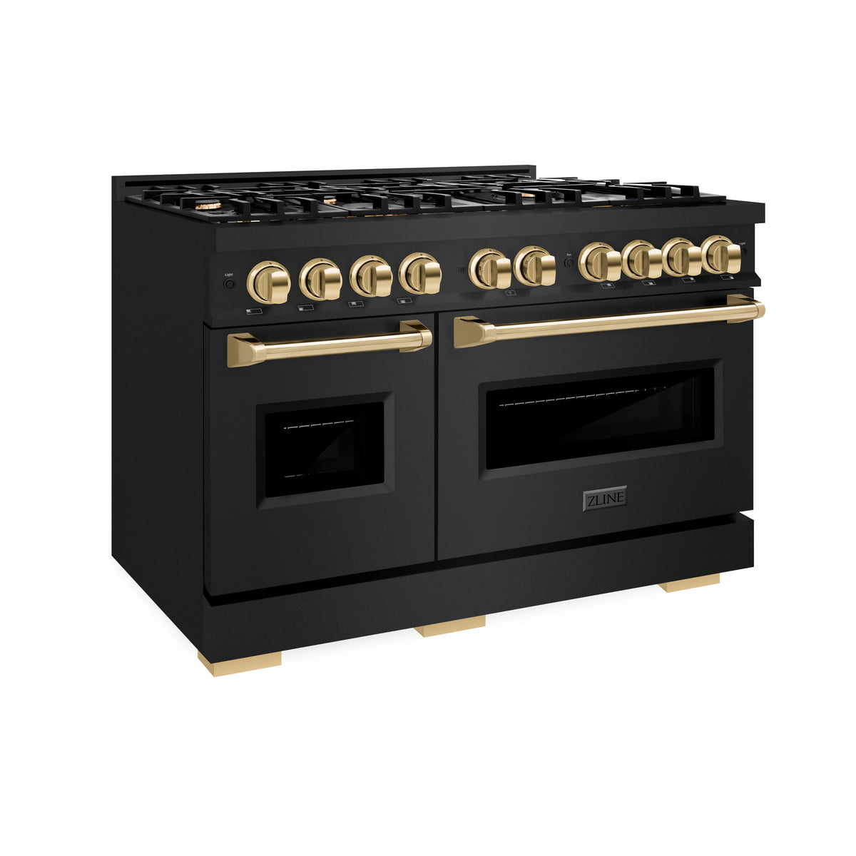 Black 48-inch gas range three-quarter view with gold knobs and dual oven doors