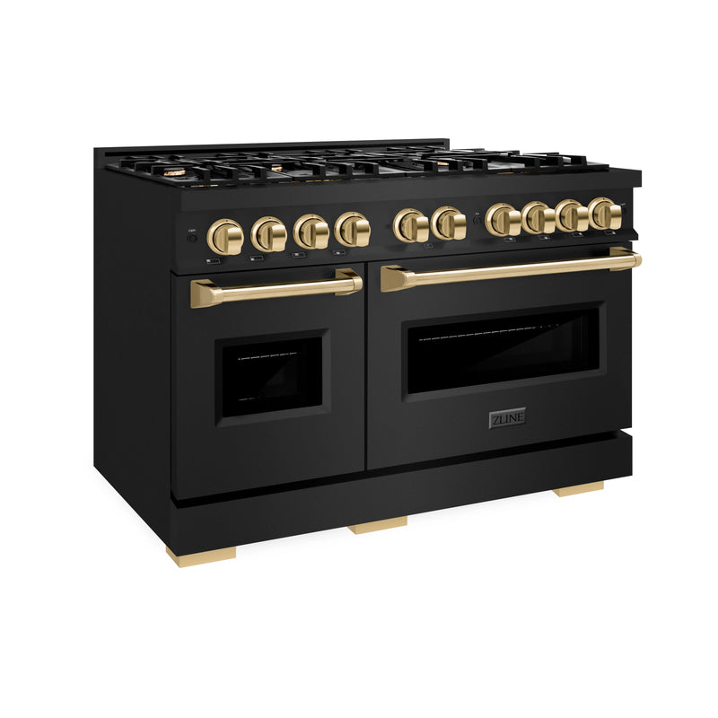 ZLINE 5-Piece Appliance Package - 48-Inch Gas Range, Hood, Refrigerator, Dishwasher, and Microwave Drawer in Black Stainless Steel with Gold Accents
