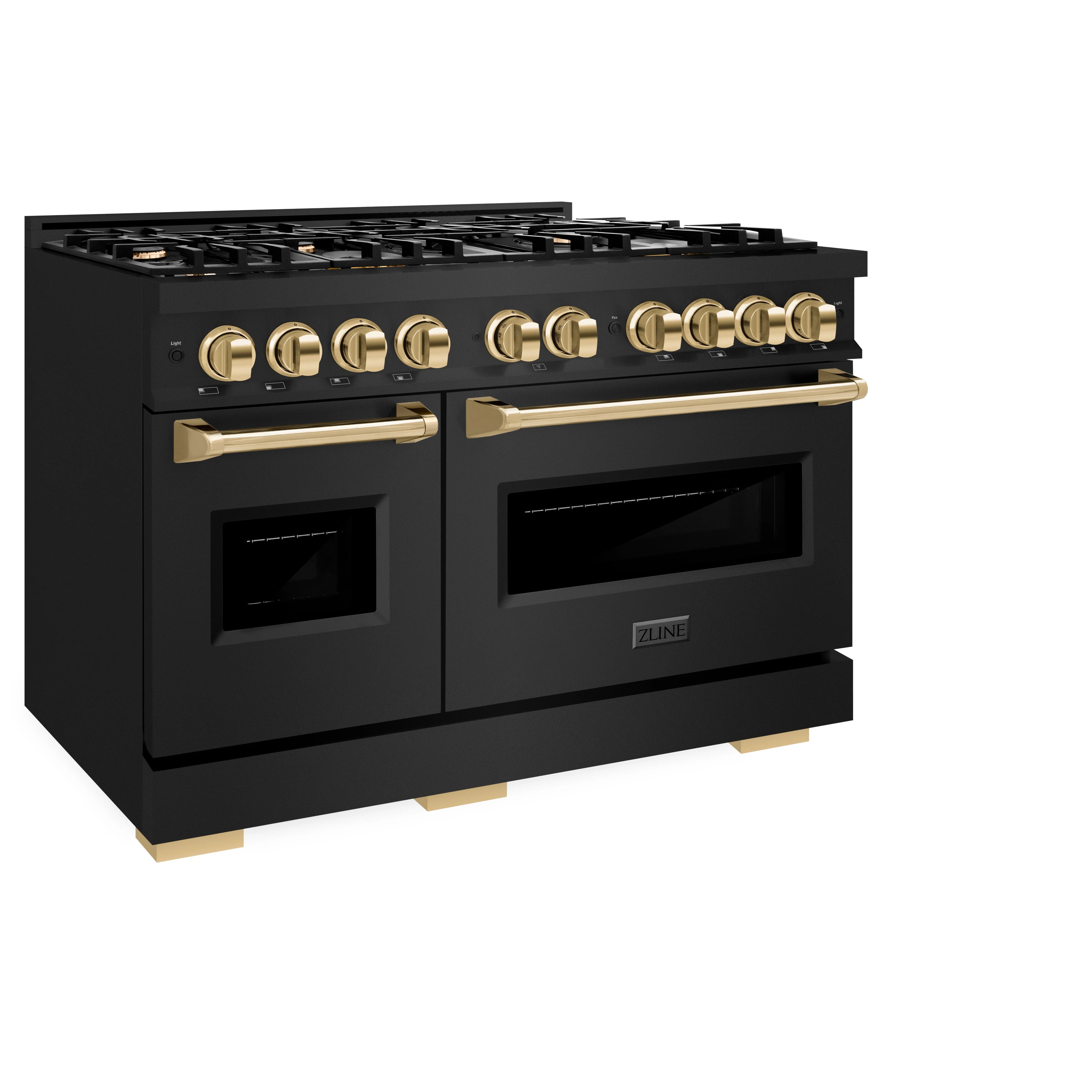 Black gas range three-quarter view with gold control knobs and oven handle bars