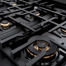 ZLINE 4-Piece Appliance Package - 48-Inch Gas Range, Hood, Refrigerator, and Dishwasher in Black Stainless Steel with Gold Accents