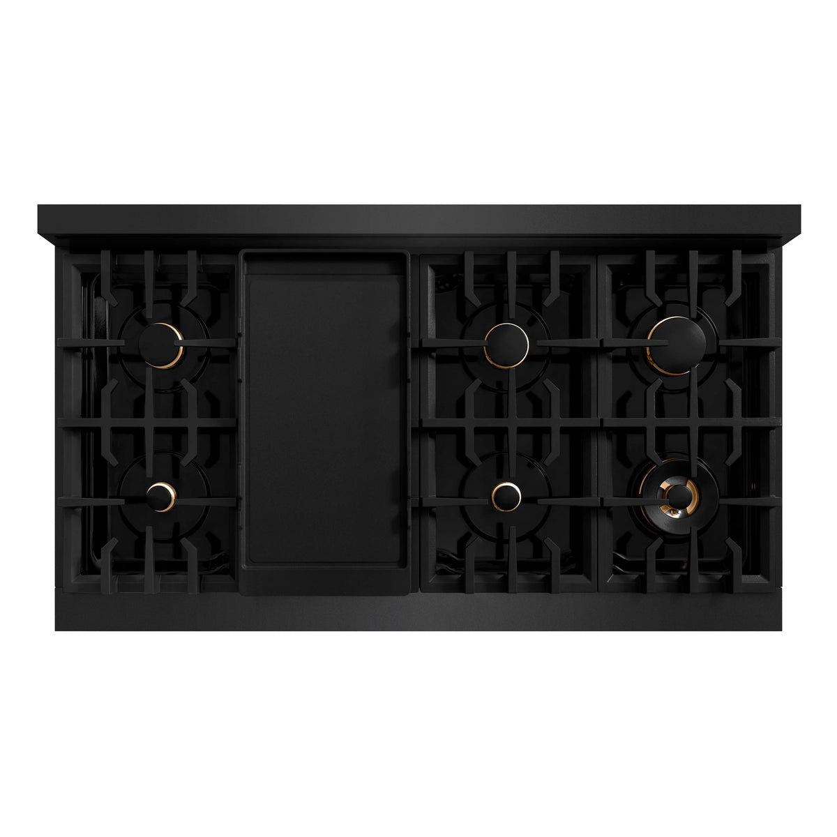 Black gas cooktop with four visible burners and gold trim rings
