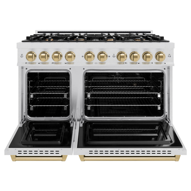 ZLINE Autograph Edition 48-Inch  Classic Series Dual Fuel Range with 8 Gas Burner Cooktop and 6.7 Cu. Ft. Electric Convection Oven in DuraSnow Stainless Steel with Champagne Bronze (CDRSZ-48-CB)