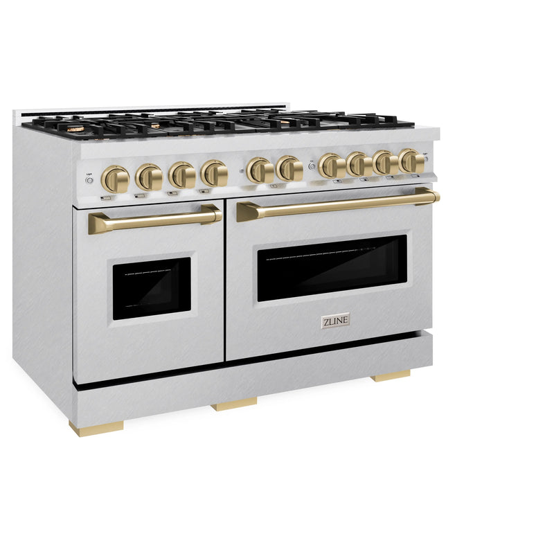 ZLINE Autograph Edition 48-Inch  Classic Series Dual Fuel Range with 8 Gas Burner Cooktop and 6.7 Cu. Ft. Electric Convection Oven in DuraSnow Stainless Steel with Champagne Bronze (CDRSZ-48-CB)