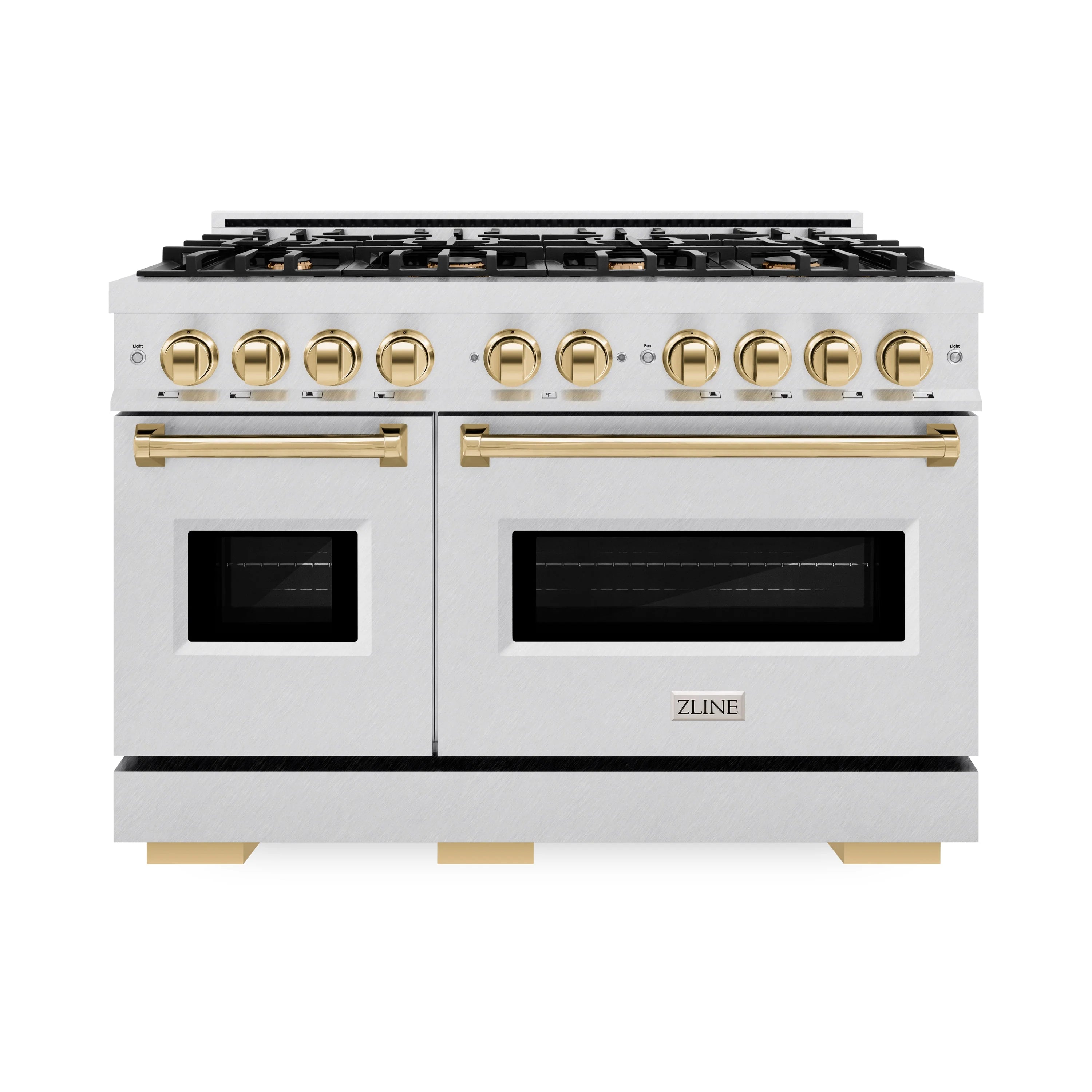 Dual fuel range front view with dual ovens, black burner grates, and gold knobs