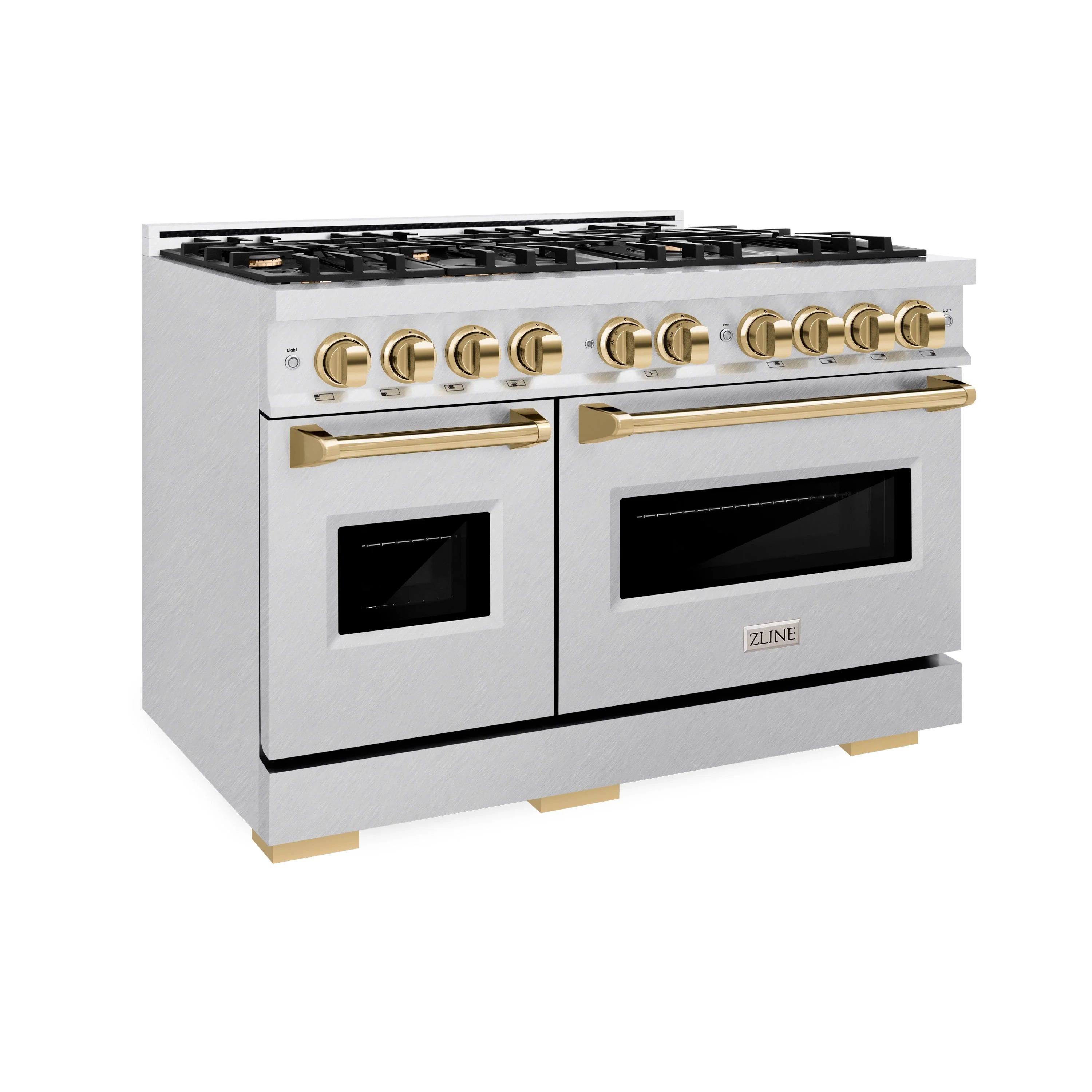 Dual fuel range angled front view with black grates, gold knobs, and double ovens