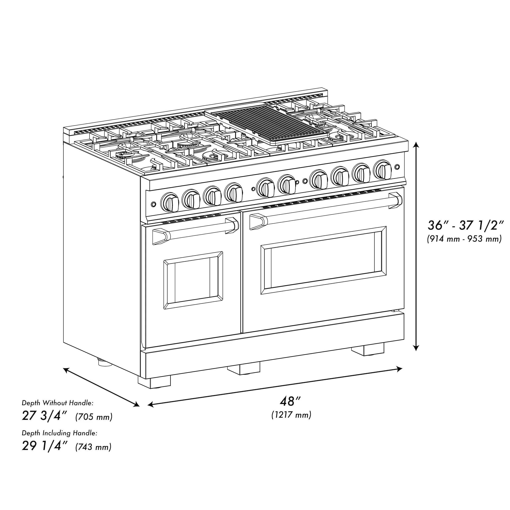 48-inch gas range dimension diagram with twin oven doors