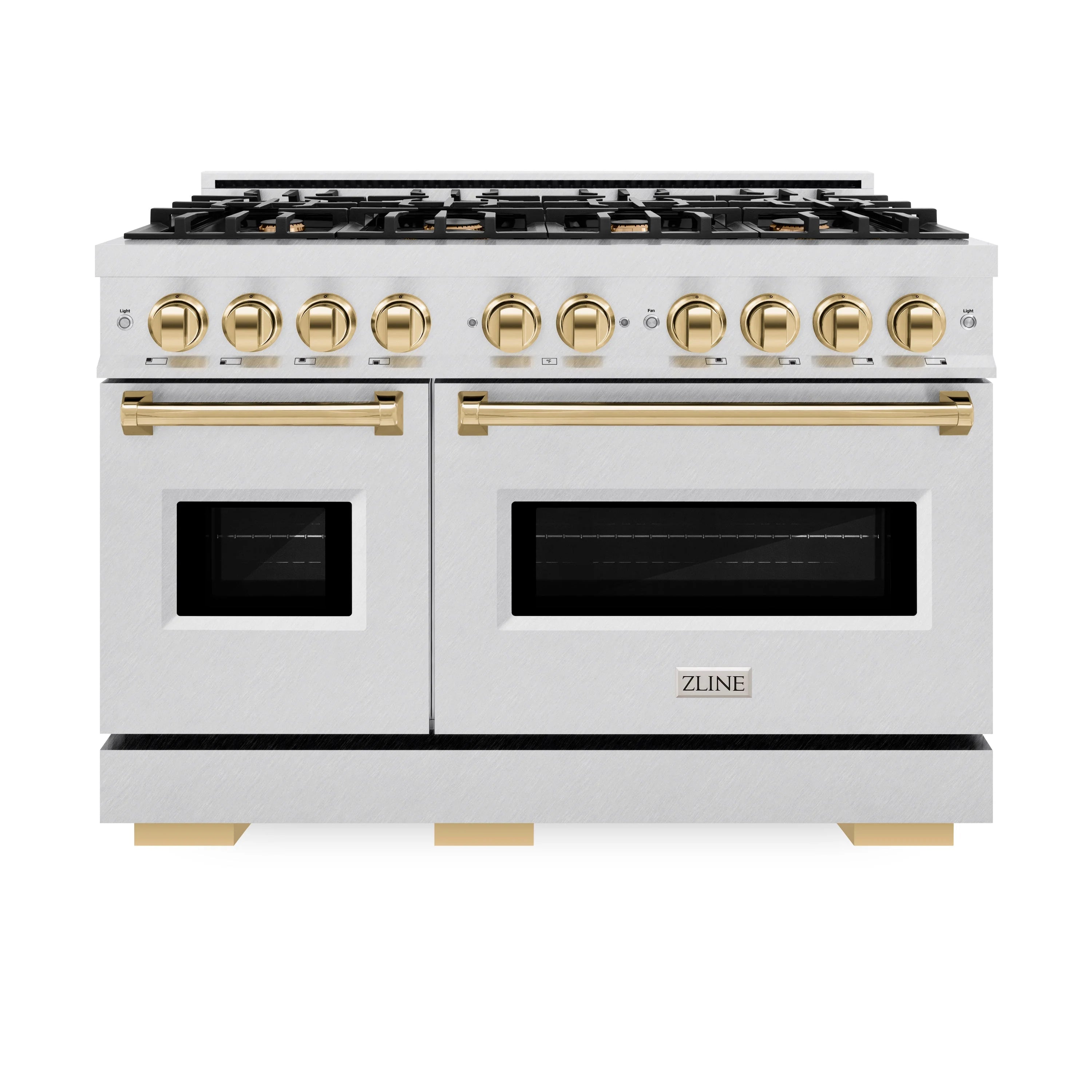 Stainless steel gas range with polished gold knobs, twin oven windows, and black burners