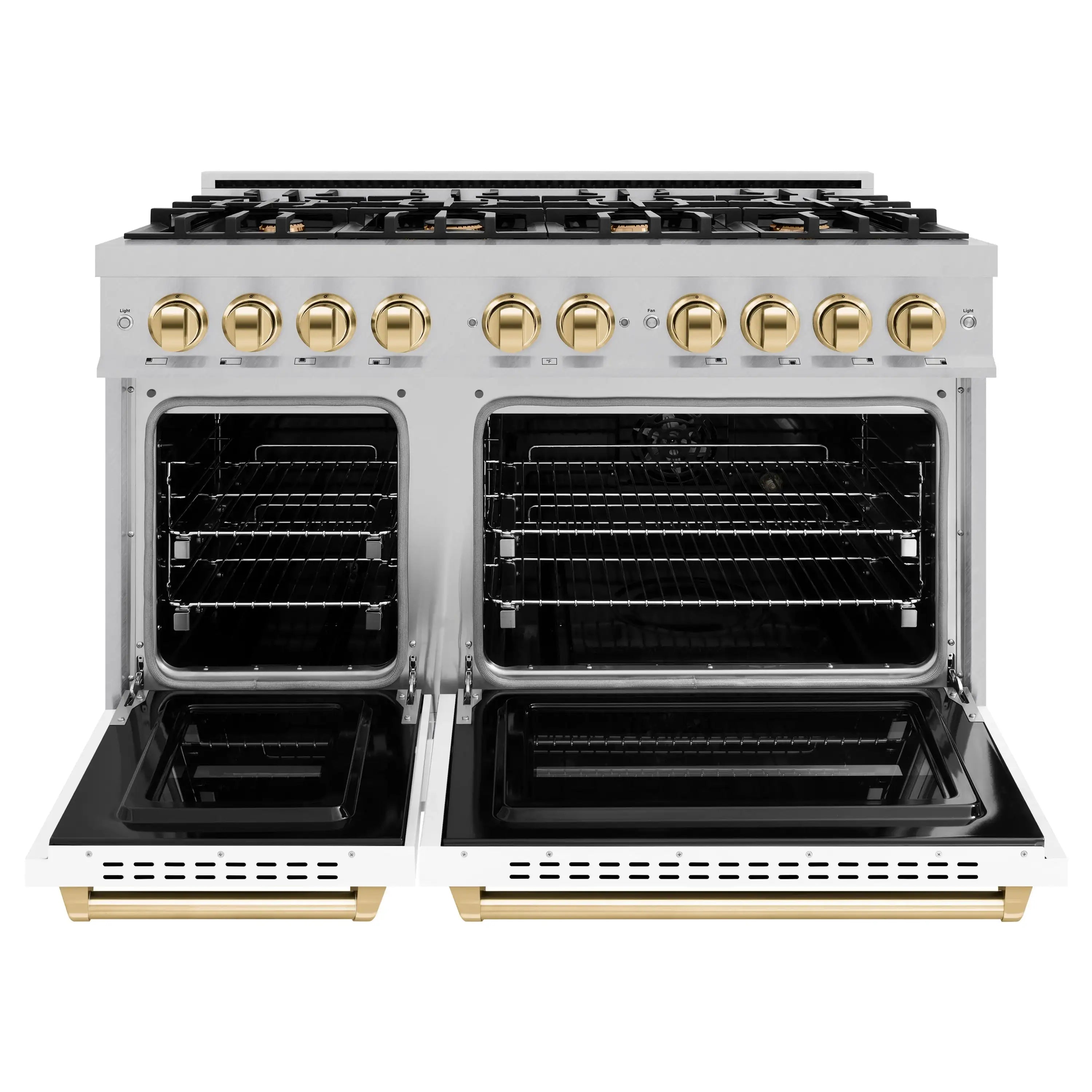 Satin stainless dual fuel range with both oven doors open and gold-trimmed handles