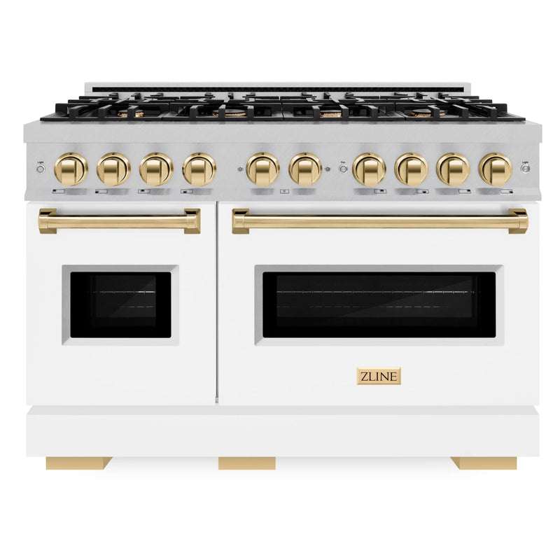 ZLINE Autograph Edition 48-Inch Classic Series Dual Fuel Range in DuraSnow Stainless Steel with White Matte Door and Gold Accents (CDRSZ-WM-48-G)