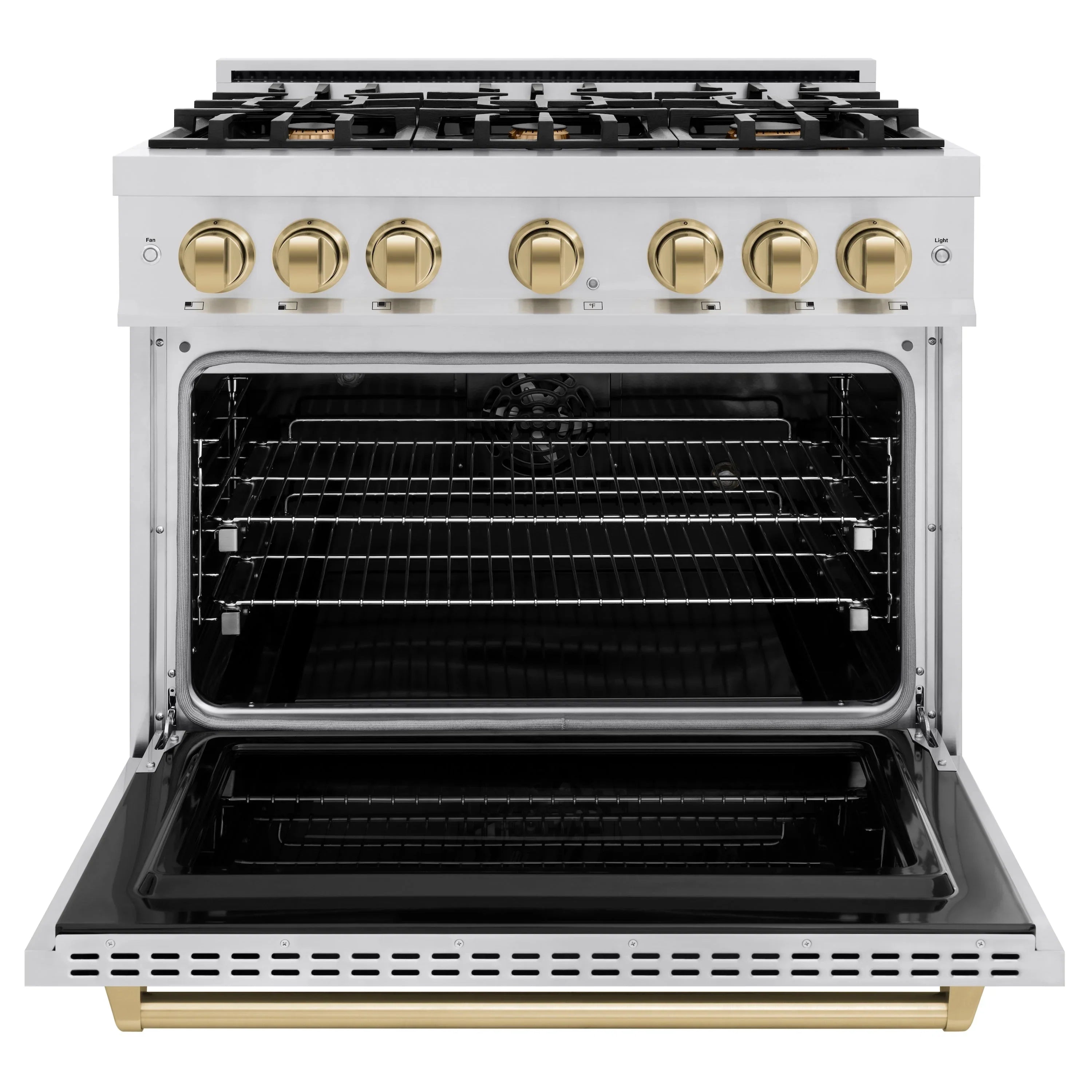 Stainless steel dual fuel range with open oven door and racks inside