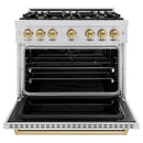 ZLINE 5-Piece Appliance Package - 36-Inch Autograph Edition Dual Fuel Range, Wall Mount Range Hood, 36-Inch French Door Refrigerator with Water Dispenser, Dishwasher, and 30-Inch Microwave Drawer in Stainless Steel with Champagne Bronze Accents