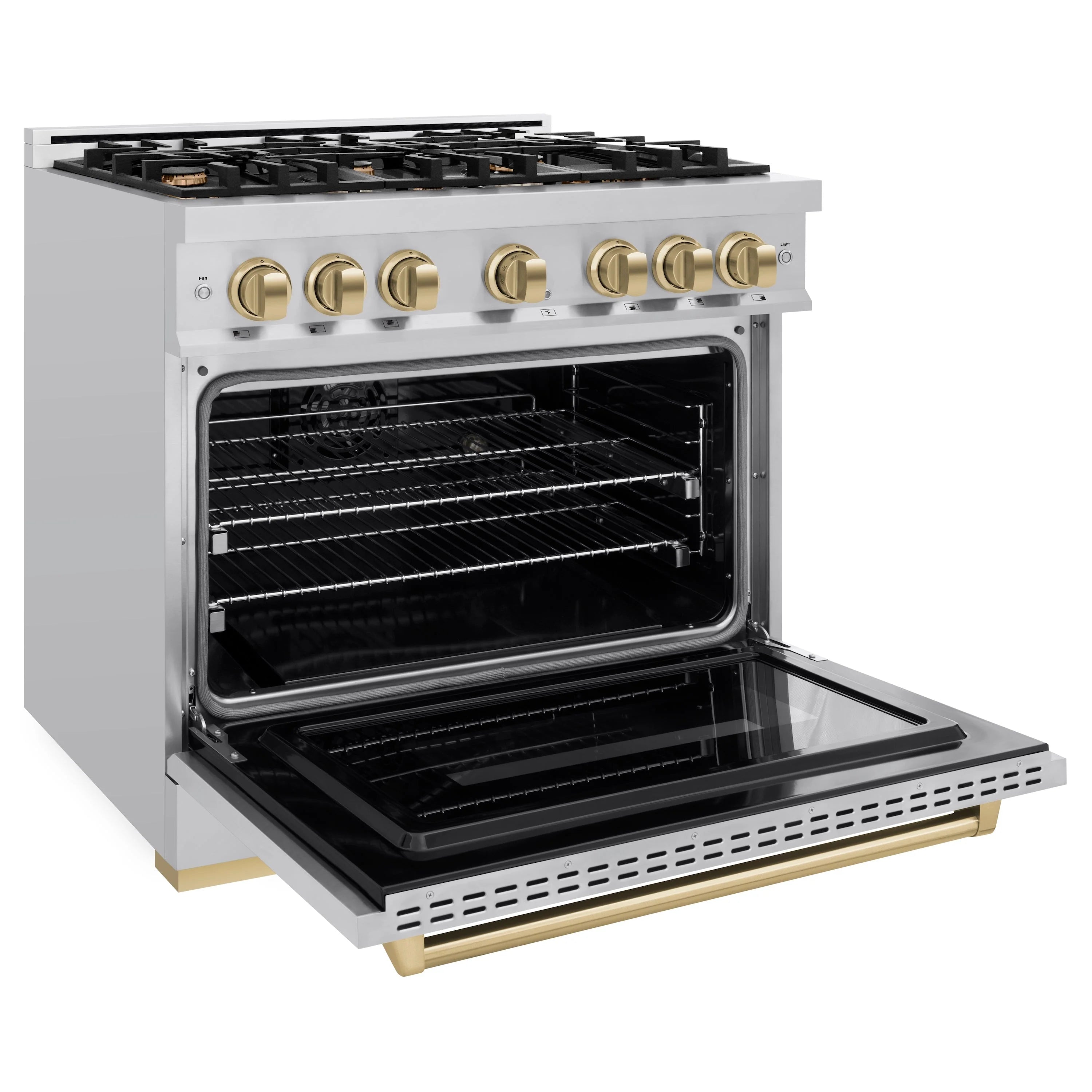 Stainless dual-fuel range with six-burner cooktop, open oven door, brass-gold knobs