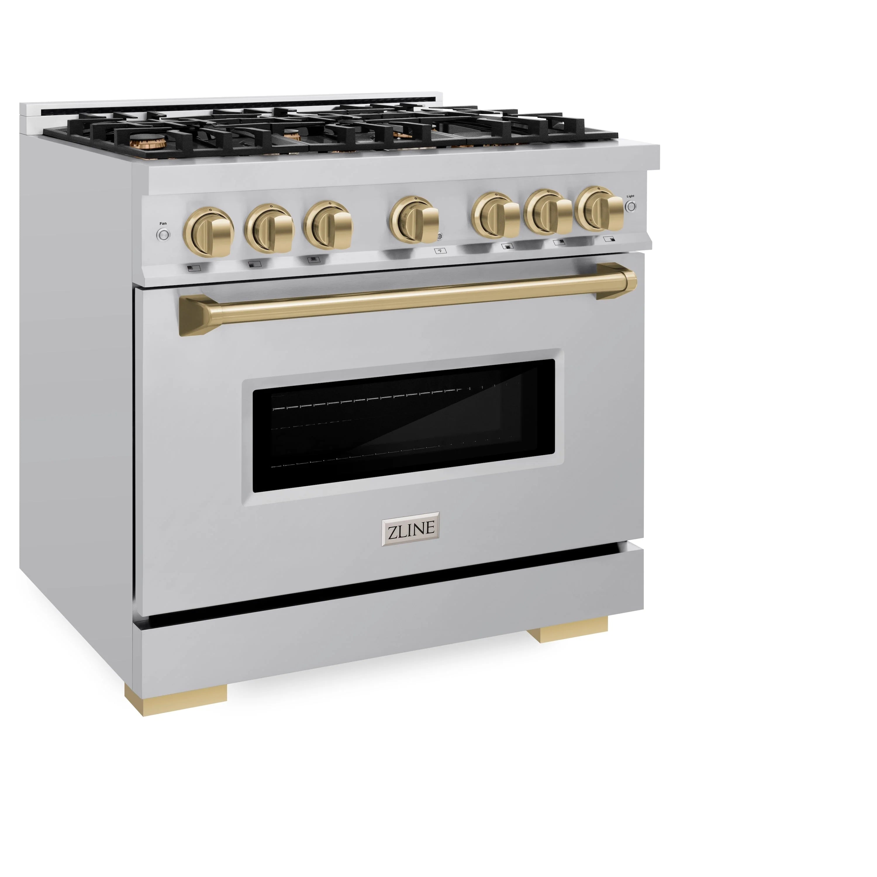 Stainless steel dual fuel range with gold handle, black oven window, and burner knobs