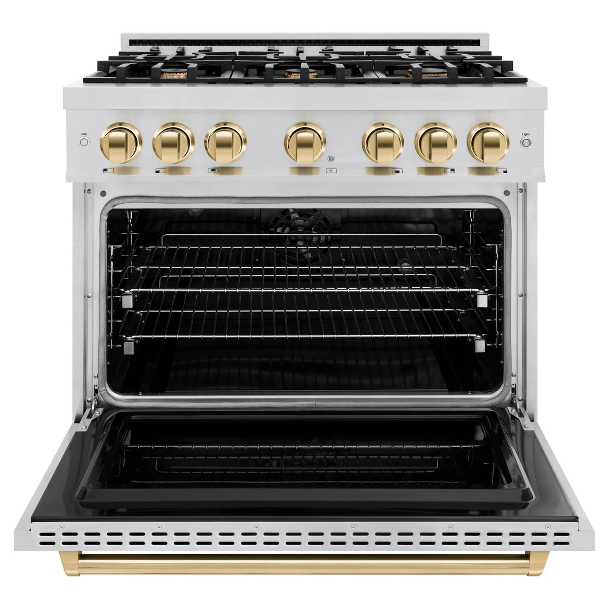 Dual-fuel range with stainless oven door open, black interior racks and gold controls