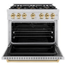 ZLINE 5-Piece Appliance Package - 36-Inch Dual Fuel Range, Hood, Refrigerator, Dishwasher, and Microwave Drawer in Stainless Steel with Gold Accents