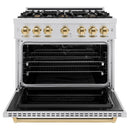 ZLINE 4-Piece Appliance Package - 36-Inch Dual Fuel Range, Hood, Refrigerator with Water Dispenser, and Dishwasher in Stainless Steel with Gold Accents