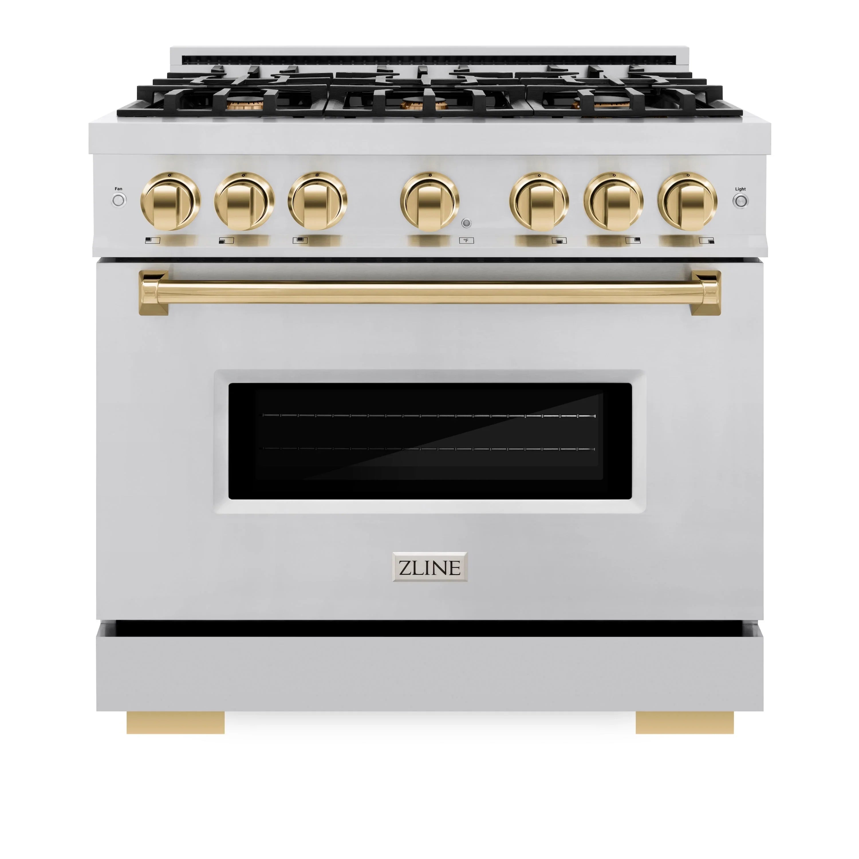Stainless steel dual fuel range with gold control knobs and oven window