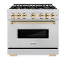 ZLINE 4-Piece Appliance Package - 36-Inch Dual Fuel Range, Hood, Refrigerator, and Dishwasher in Stainless Steel with Gold Accents