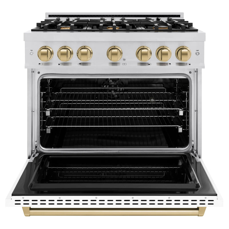 ZLINE Autograph Edition 36-Inch Classic Series Dual Fuel Range with 6 Gas Burner Cooktop and 5.2 Cu. Ft. Electric Convection Oven in Stainless Steel with White Matte Door and Champagne Bronze Accents (CDRZ-WM-36-CB)