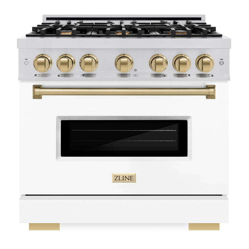 ZLINE Autograph Edition 36-Inch Classic Series Dual Fuel Range with 6 Gas Burner Cooktop and 5.2 Cu. Ft. Electric Convection Oven in Stainless Steel with White Matte Door and Champagne Bronze Accents (CDRZ-WM-36-CB)