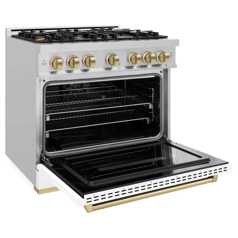 ZLINE Autograph Edition 36-Inch Classic Series Dual Fuel Range with 6 Gas Burner Cooktop and 5.2 Cu. Ft. Electric Convection Oven in Stainless Steel with White Matte Door and Champagne Bronze Accents (CDRZ-WM-36-CB)