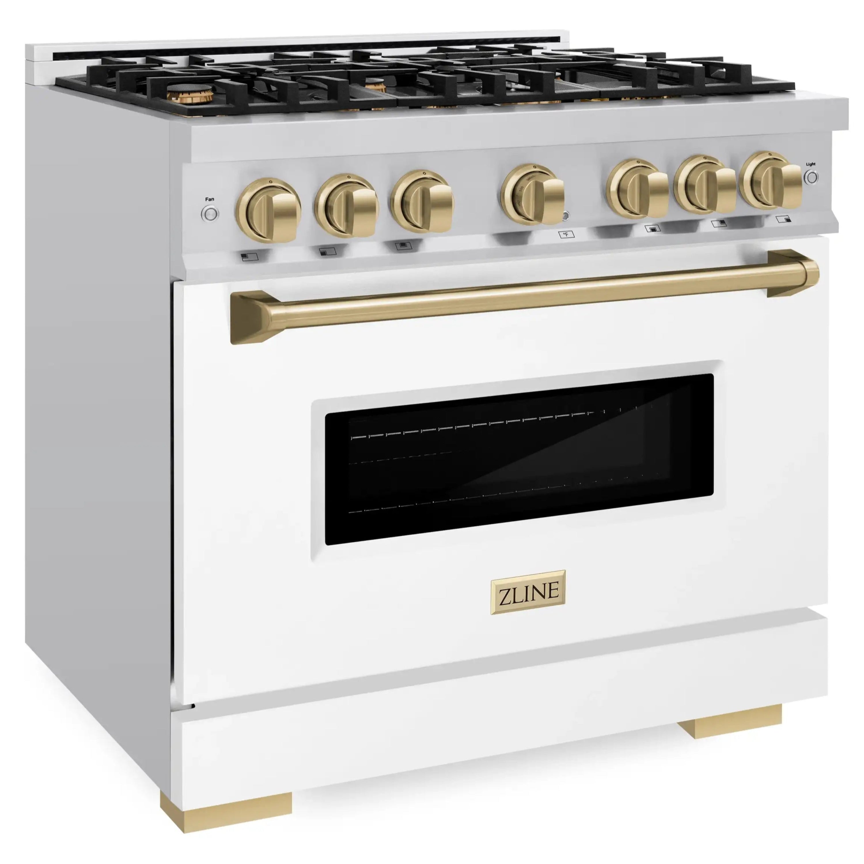 Stainless range front with black cooktop grates, gold knobs, and closed door