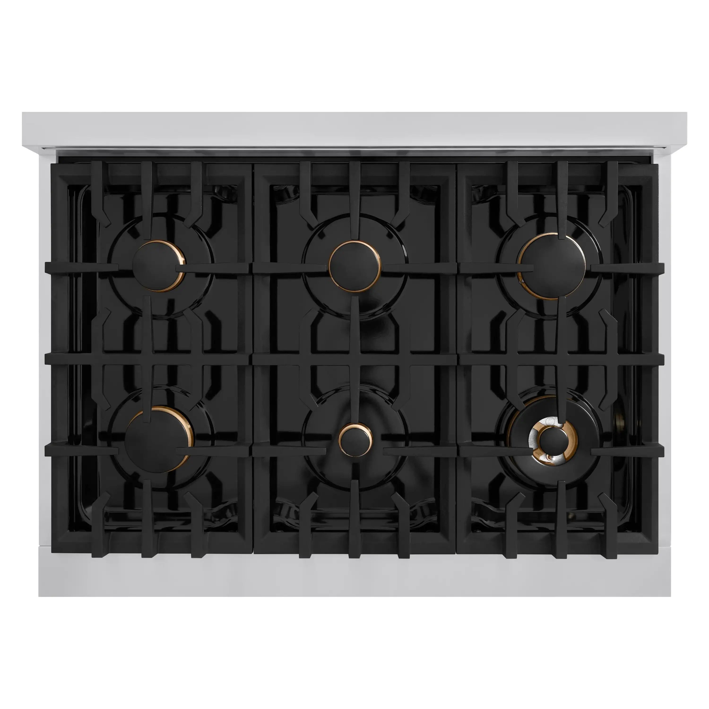 Black gas cooktop with 6 burner grates and gold-trimmed control knobs