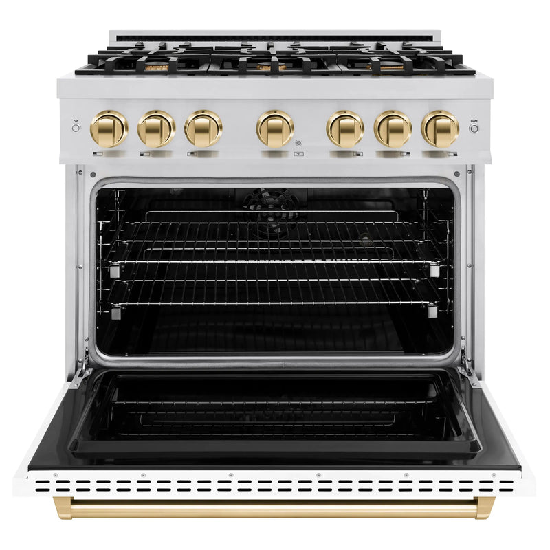 ZLINE Autograph Edition 36-Inch Classic Series Dual Fuel Range with 6 Gas Burner Cooktop and 5.2 Cu. Ft. Electric Convection Oven in Stainless Steel with White Matte Door and Polished Gold Accents (CDRZ-WM-36-G)