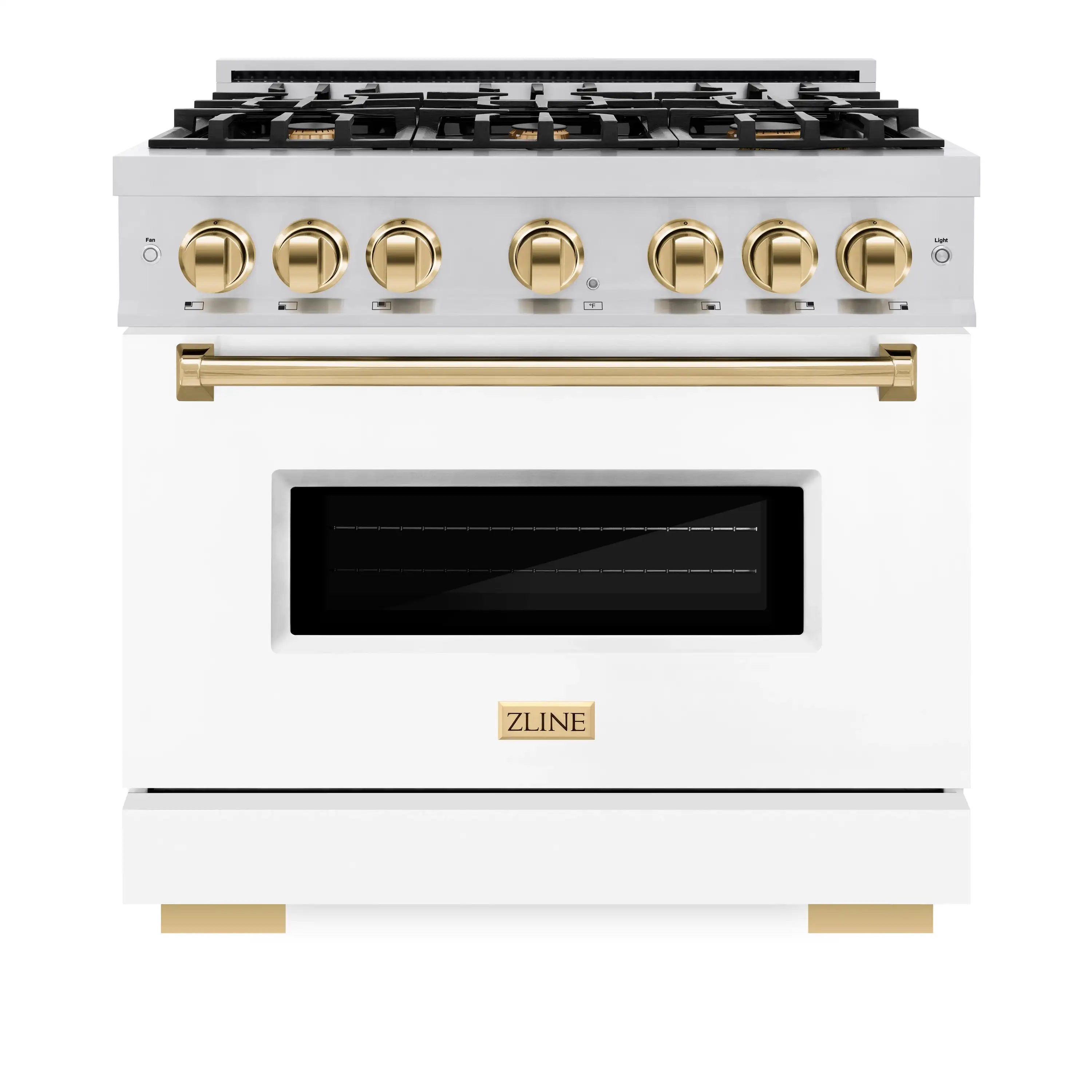 White dual fuel range with gold knobs and black oven window door