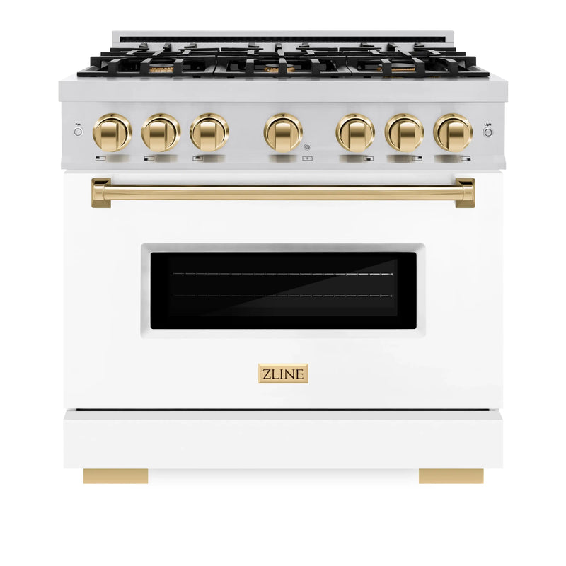 ZLINE Autograph Edition 36-Inch Classic Series Dual Fuel Range with 6 Gas Burner Cooktop and 5.2 Cu. Ft. Electric Convection Oven in Stainless Steel with White Matte Door and Polished Gold Accents (CDRZ-WM-36-G)