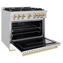 ZLINE Autograph Edition 36-Inch Classic Series Dual Fuel Range with 6 Gas Burner Cooktop and 5.2 Cu. Ft. Electric Convection Oven in Stainless Steel with White Matte Door and Polished Gold Accents (CDRZ-WM-36-G)