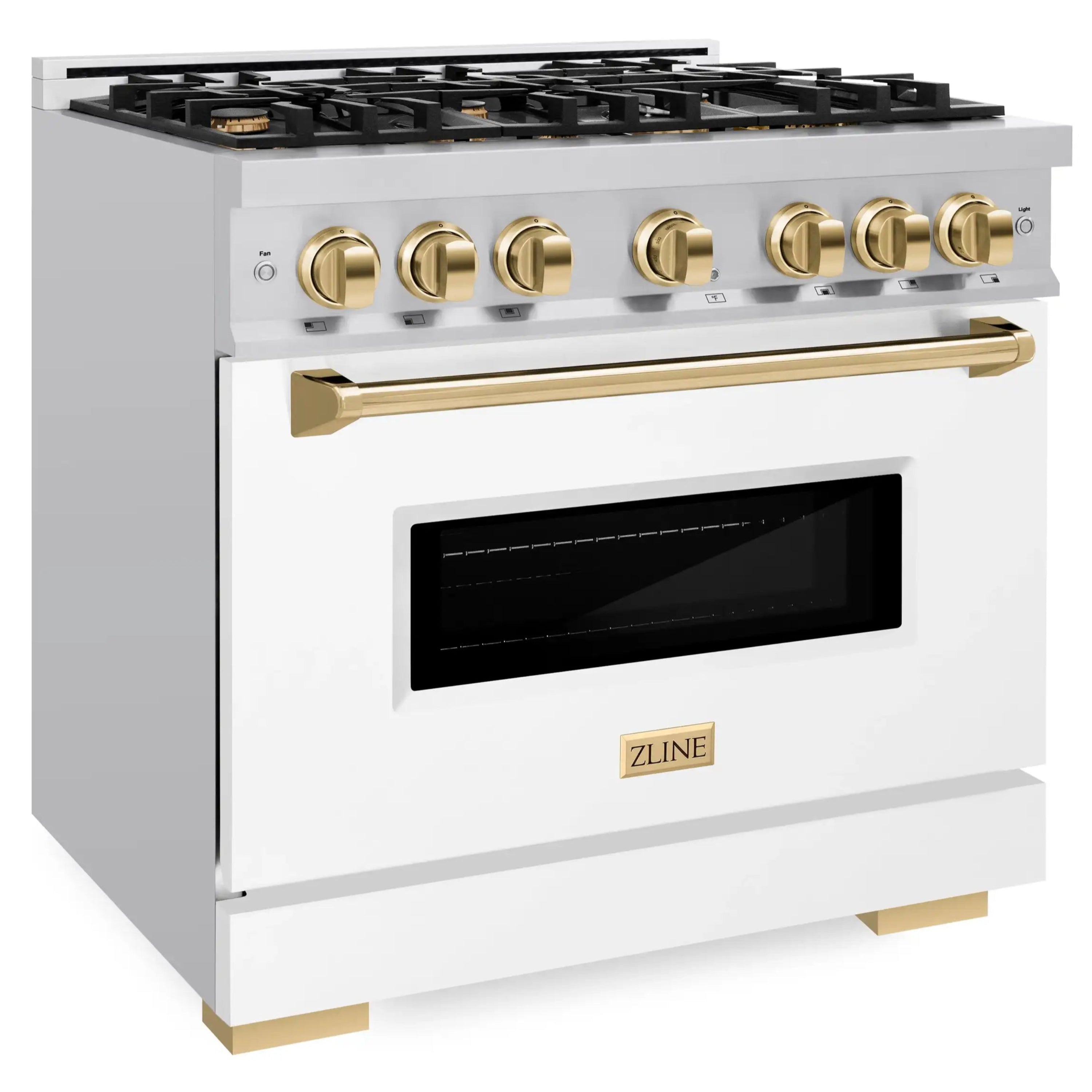 White range front with gold control knobs, black cooktop grates, and oven window