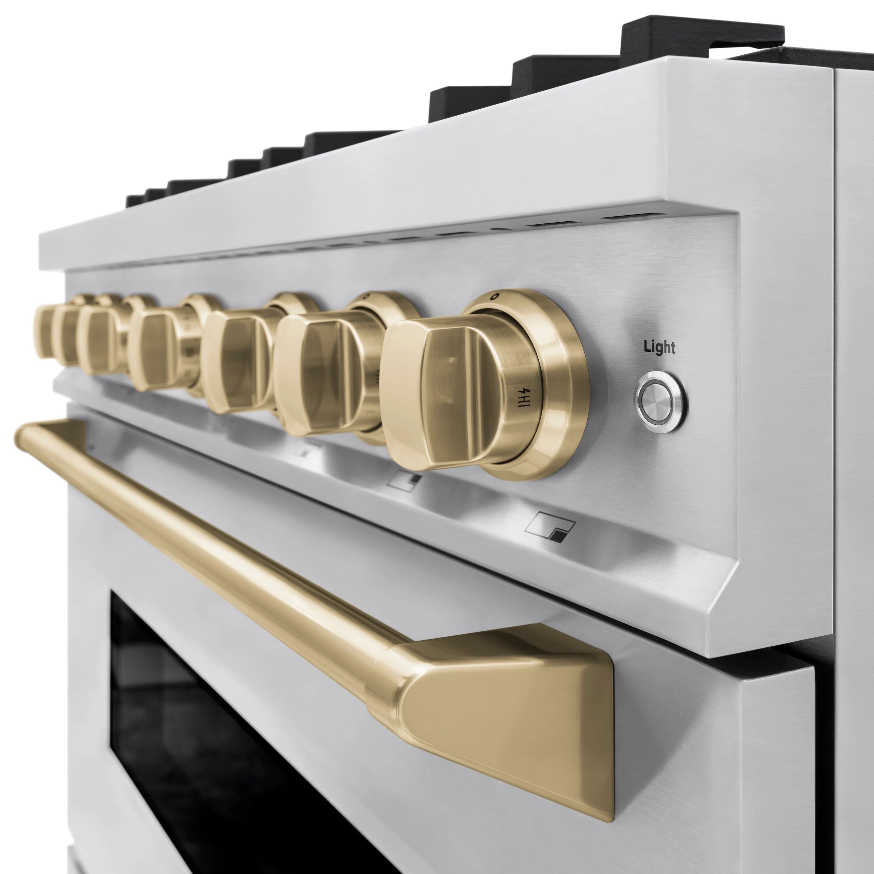 Stainless steel gas range control panel with champagne bronze knobs and oven handle