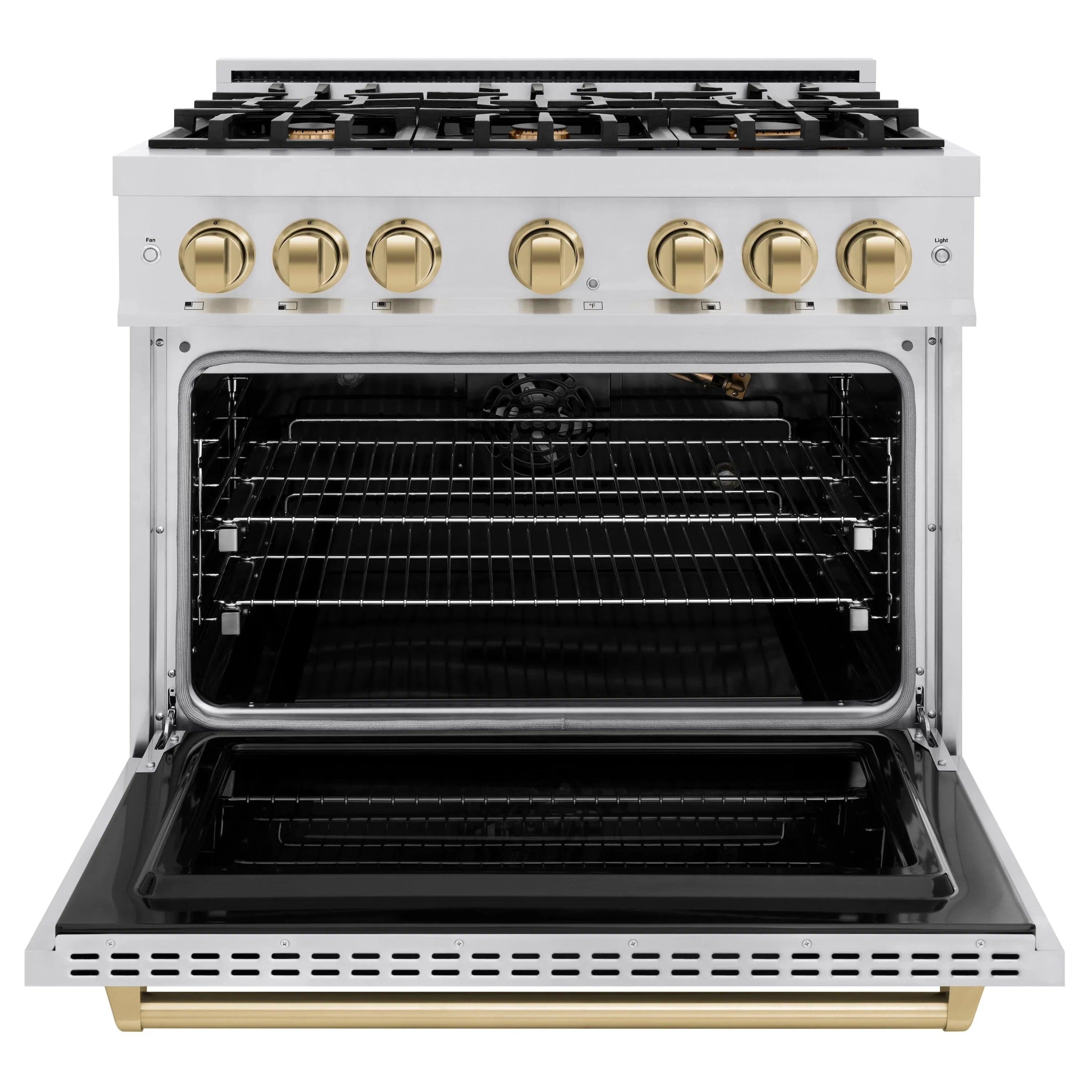 Open oven of stainless gas range with racks and bronze trim