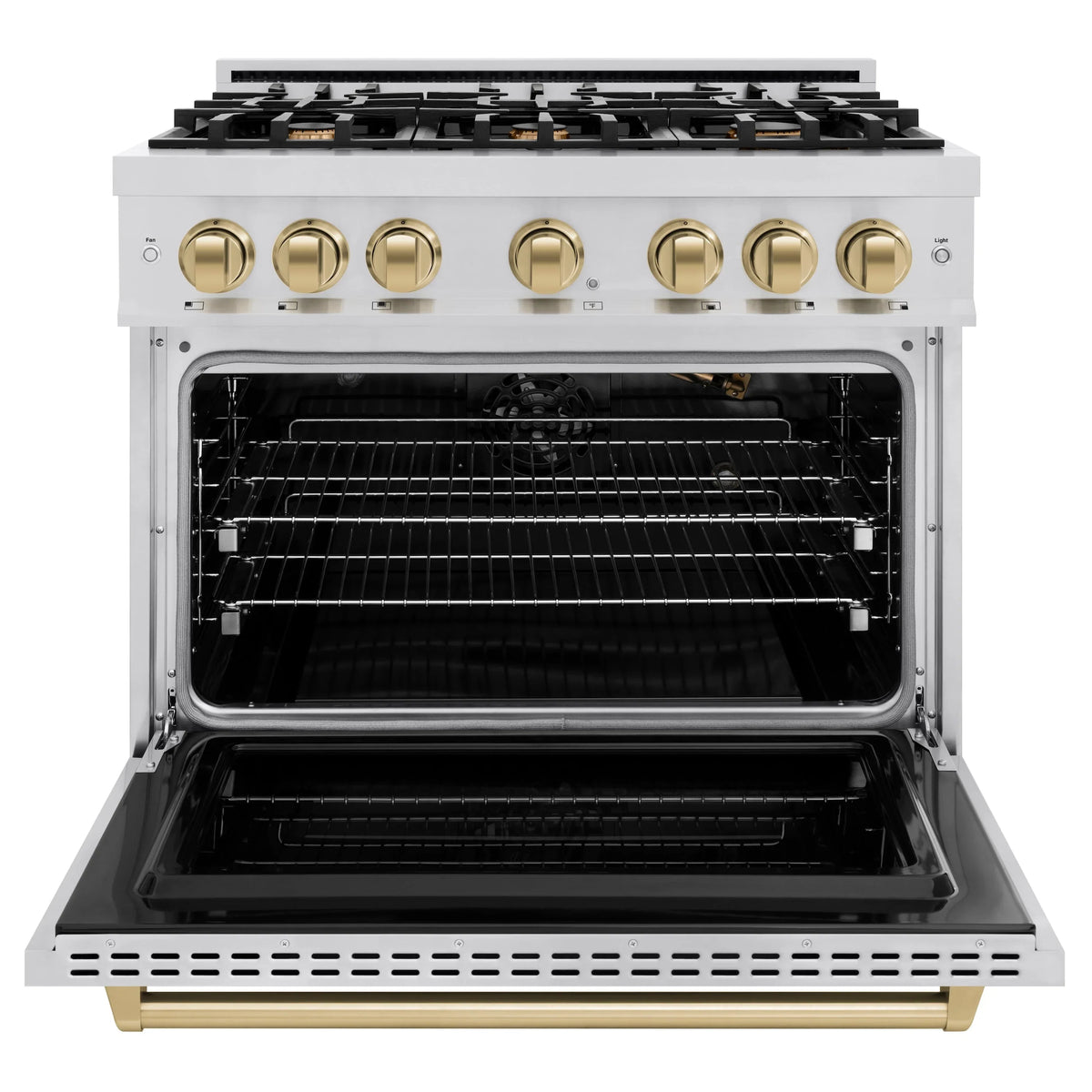 Stainless steel gas range with oven door open and wire racks inside