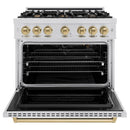 ZLINE 5-Piece Appliance Package - 36-Inch Gas Range, Hood, Refrigerator with Water Dispenser, Dishwasher, and Microwave Drawer in Stainless Steel with Champagne Bronze Accents