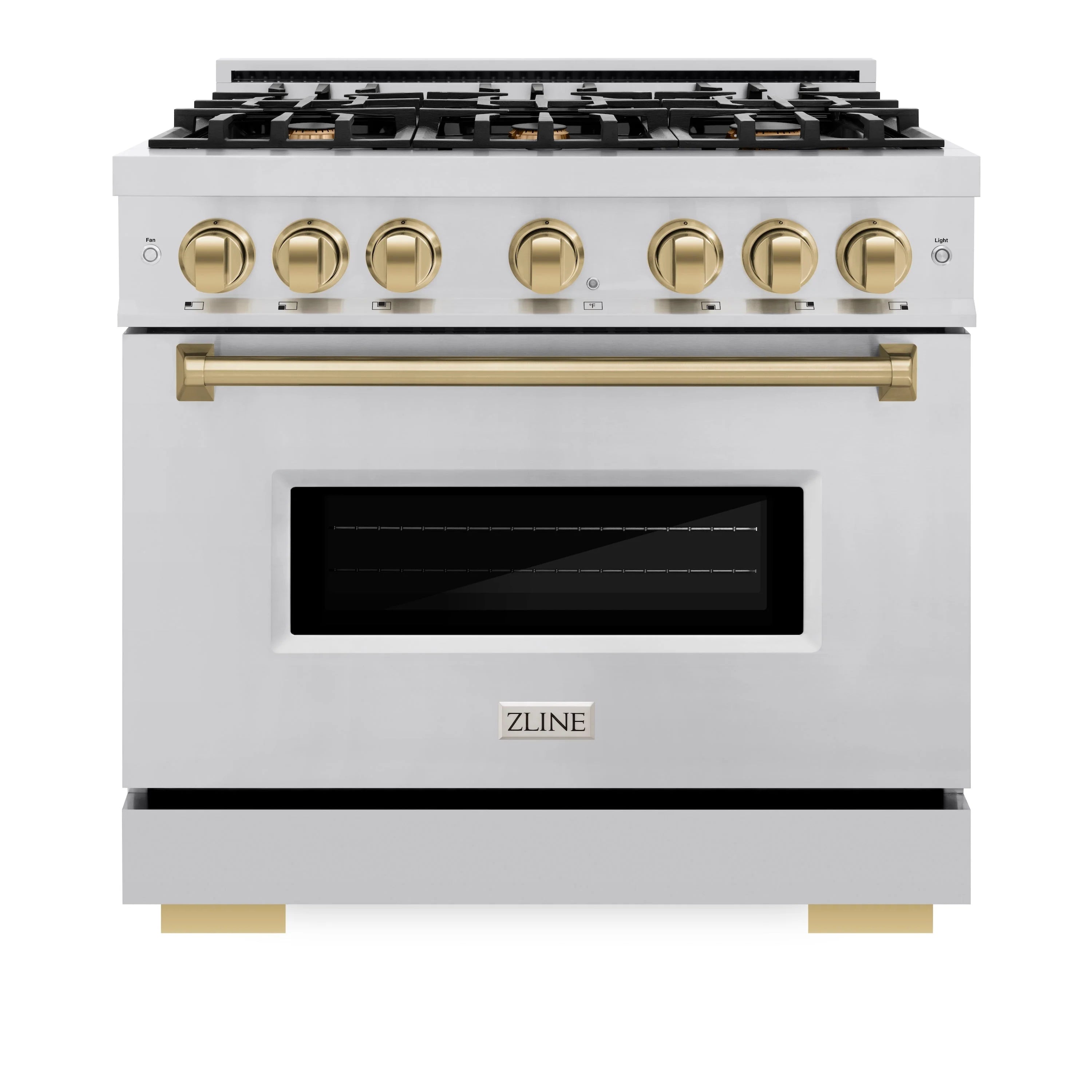 Stainless steel gas range with champagne bronze control knobs and black oven window