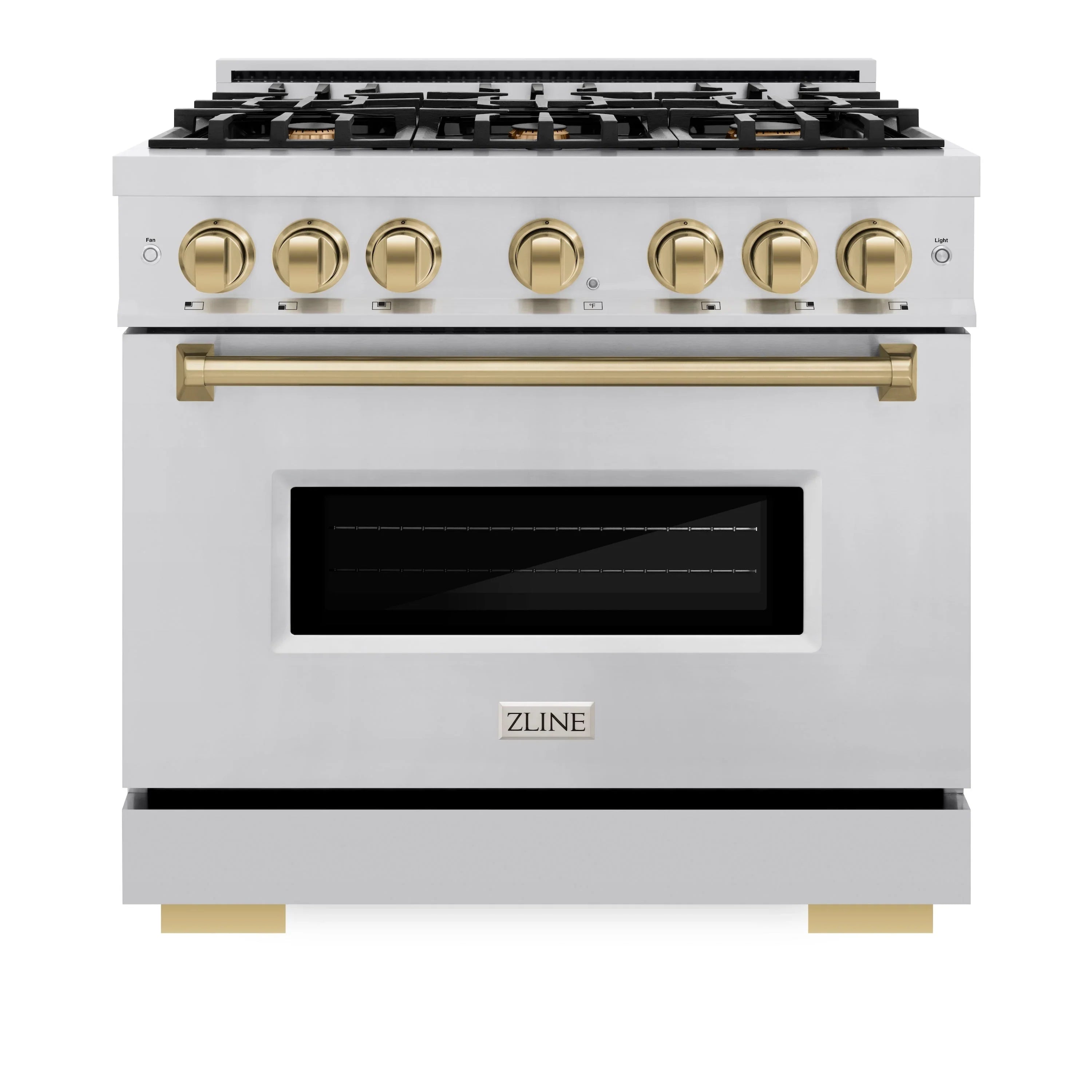 Stainless steel gas range with champagne bronze control knobs and oven door window