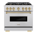 ZLINE 3-Piece Appliance Package - 36-Inch Gas Range, Refrigerator, and Dishwasher in Stainless Steel with Champagne Bronze Accents