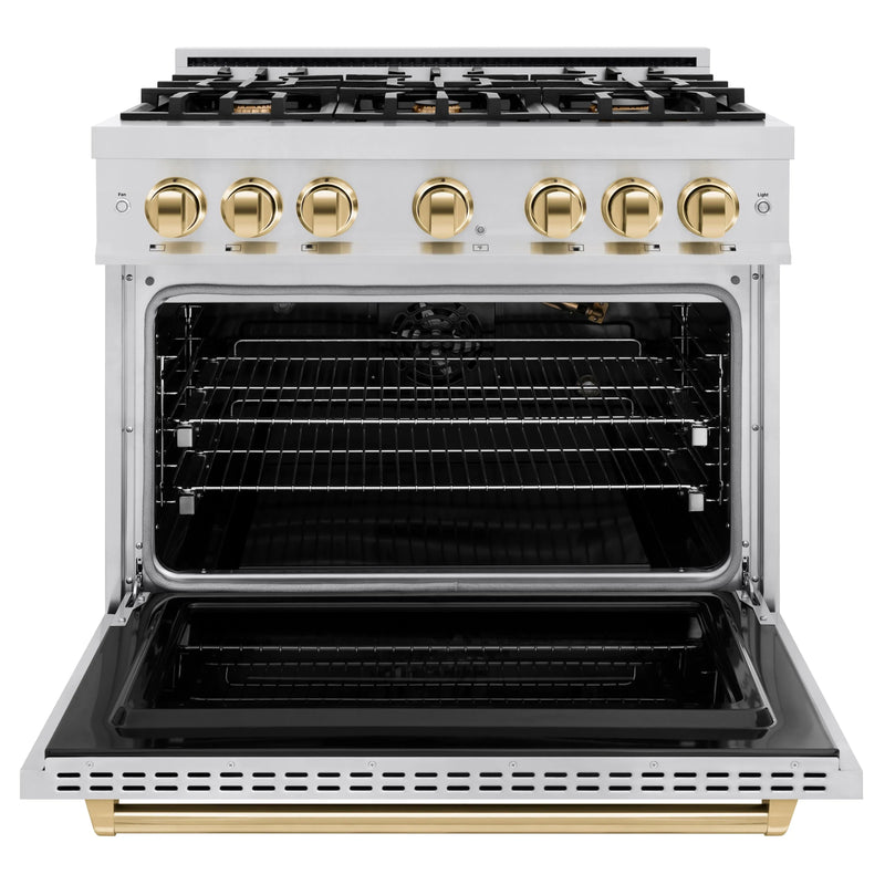 ZLINE 5-Piece Appliance Package - 36-Inch Gas Range, Hood, Refrigerator with Water Dispenser, Dishwasher, and Microwave Drawer in Stainless Steel with Gold Accents