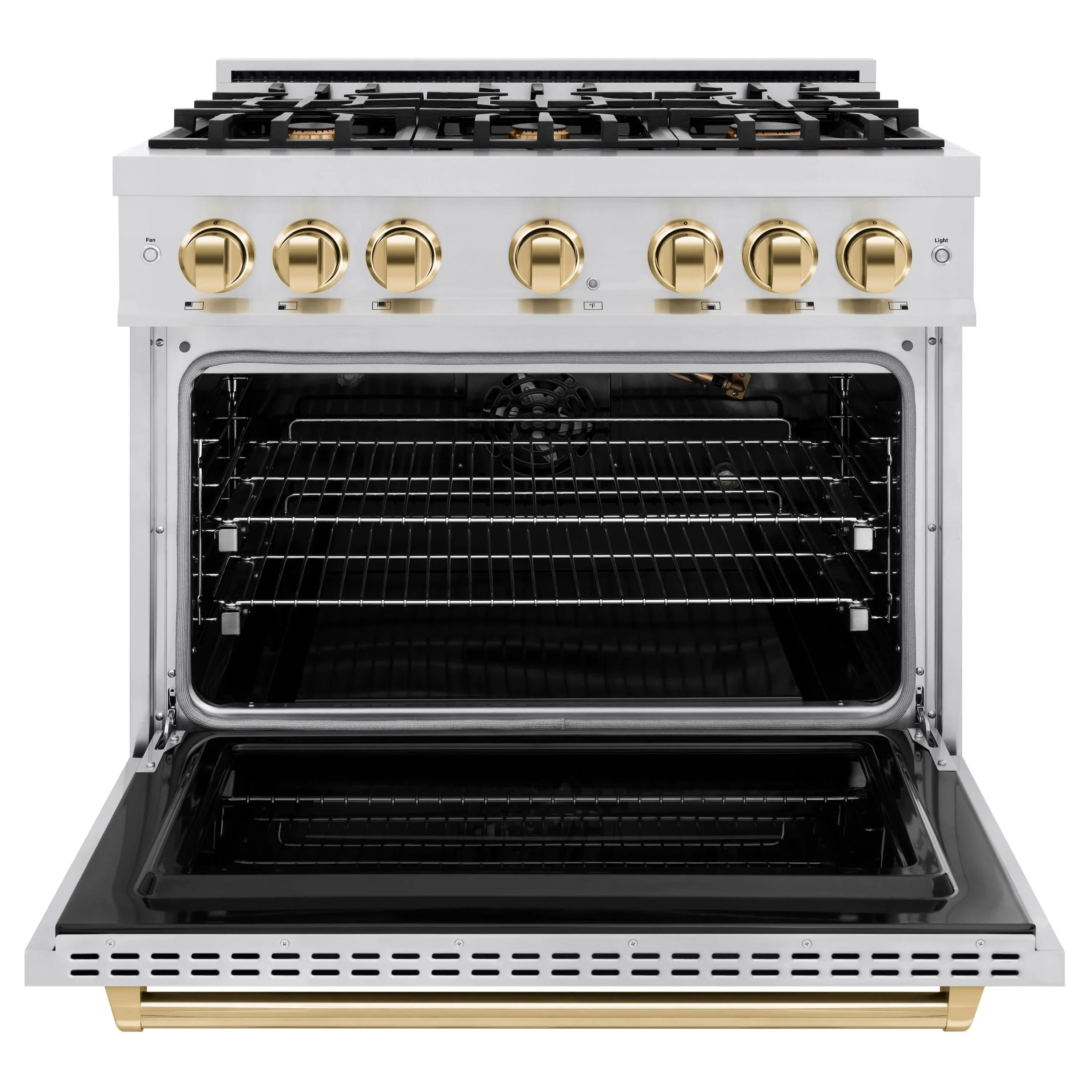 Stainless steel gas range with gold knobs and open oven featuring racks inside