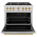 ZLINE 4-Piece Appliance Package - 36-Inch Gas Range, Hood, Refrigerator, and Dishwasher in Stainless Steel with Gold Accents