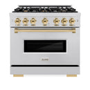 ZLINE 3-Piece Appliance Package - 36-Inch Gas Range, Refrigerator with Water Dispenser, and Dishwasher in Stainless Steel with Gold Accents