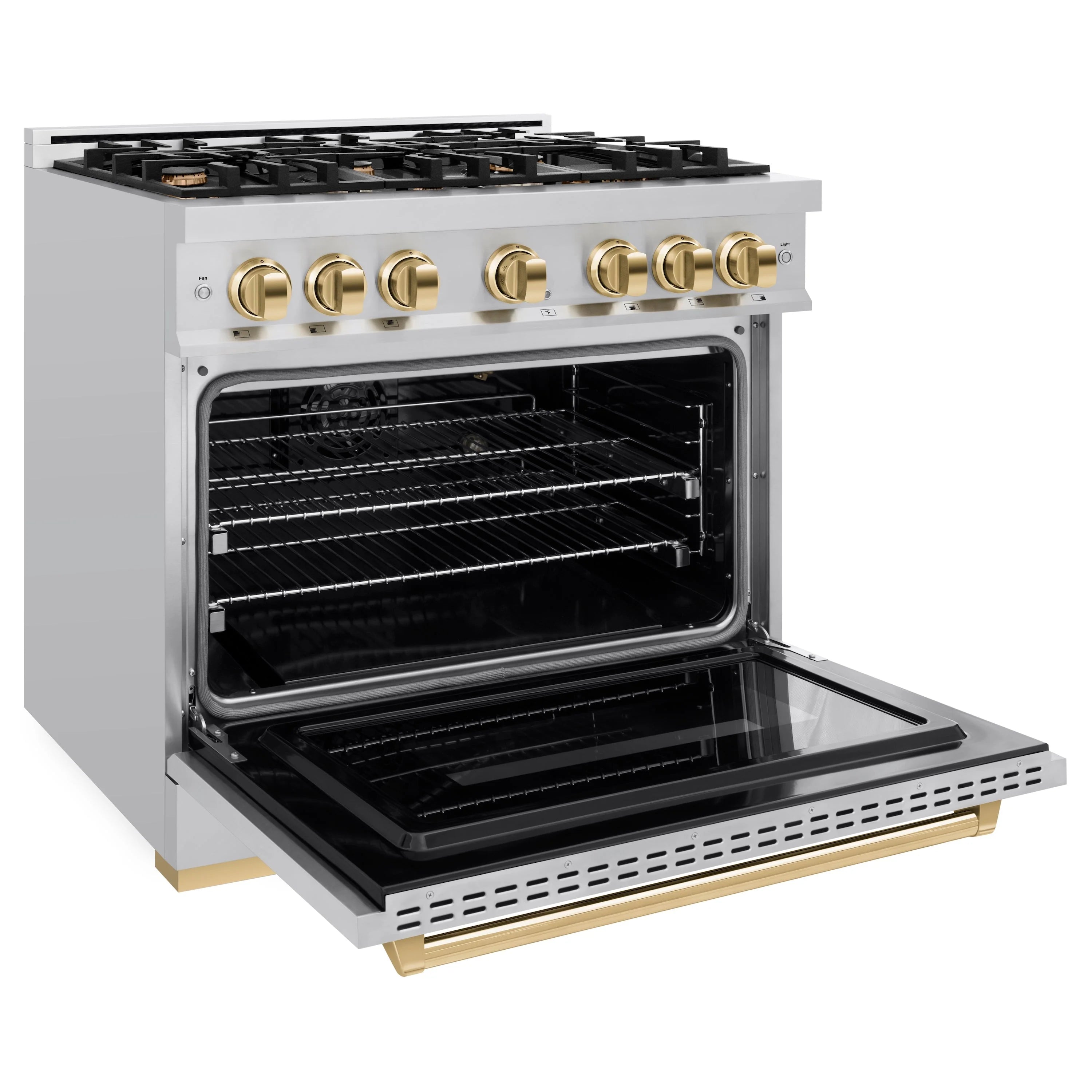 Stainless steel gas range with open oven door and removable broiler pan